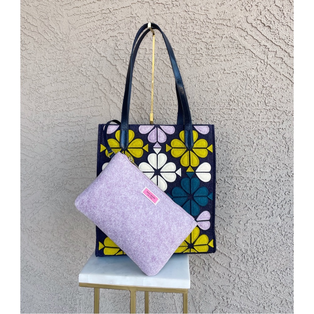 KATE SPADE Blue Purple Kitt North South Floral Felt Tote Bag & Matching Pouch